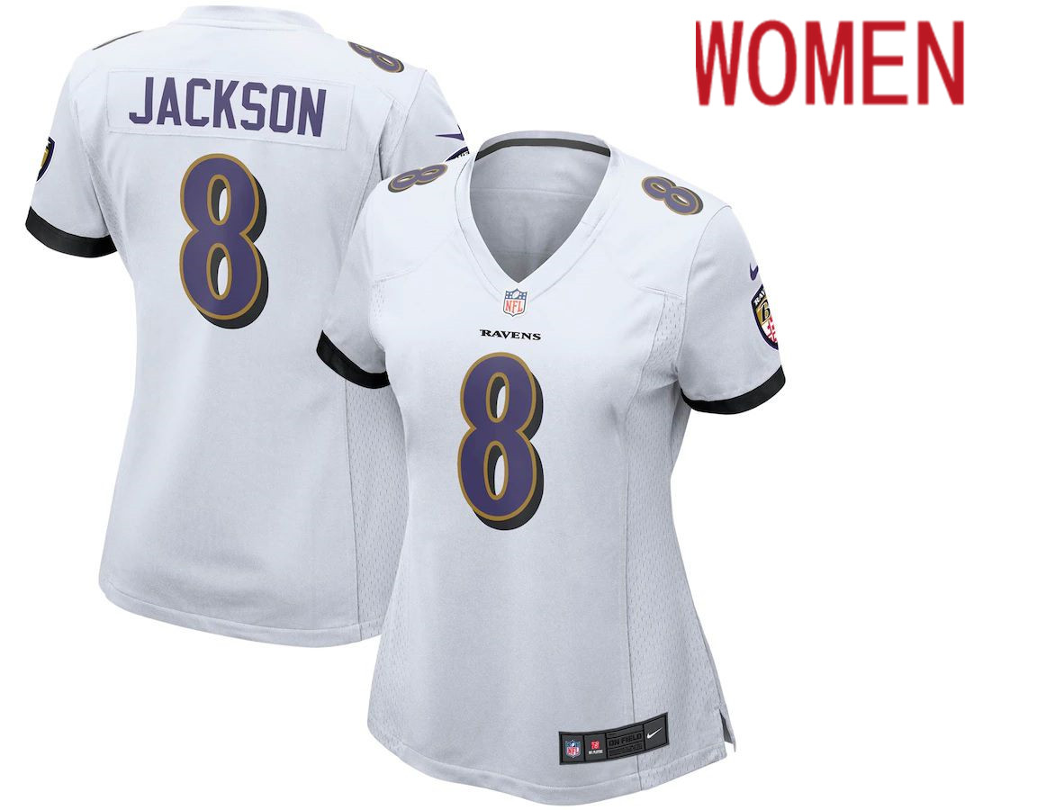Women Baltimore Ravens #8 Lamar Jackson Nike White Game NFL Jersey->women nfl jersey->Women Jersey
